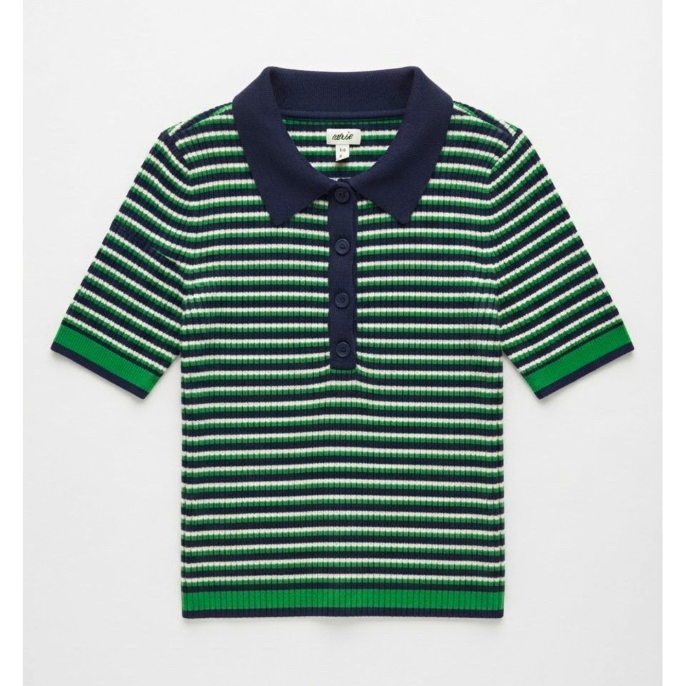 Aerie Womens L Striped Ribbed Knit Polo Shirt Green Navy White Short Sleeve